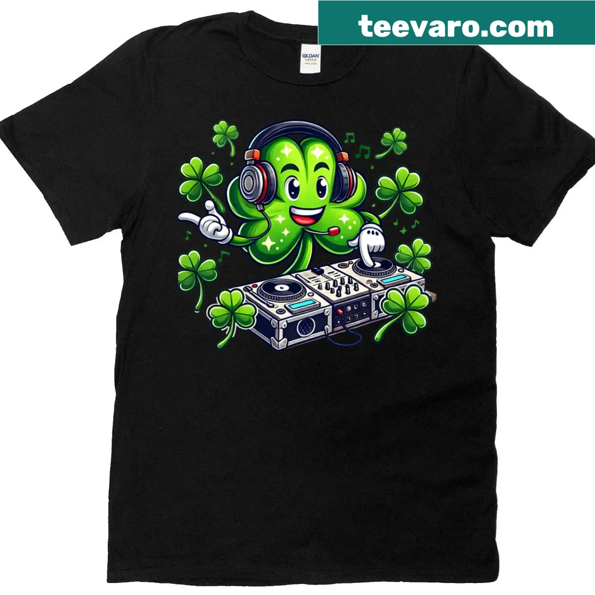 Shamrock and DJ mixer graphic on St. Patrick's Day T-shirt — on a men's t-shirt