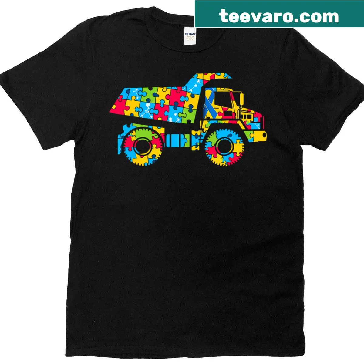 Puzzle piece dump truck design for autism awareness — on a men's t-shirt