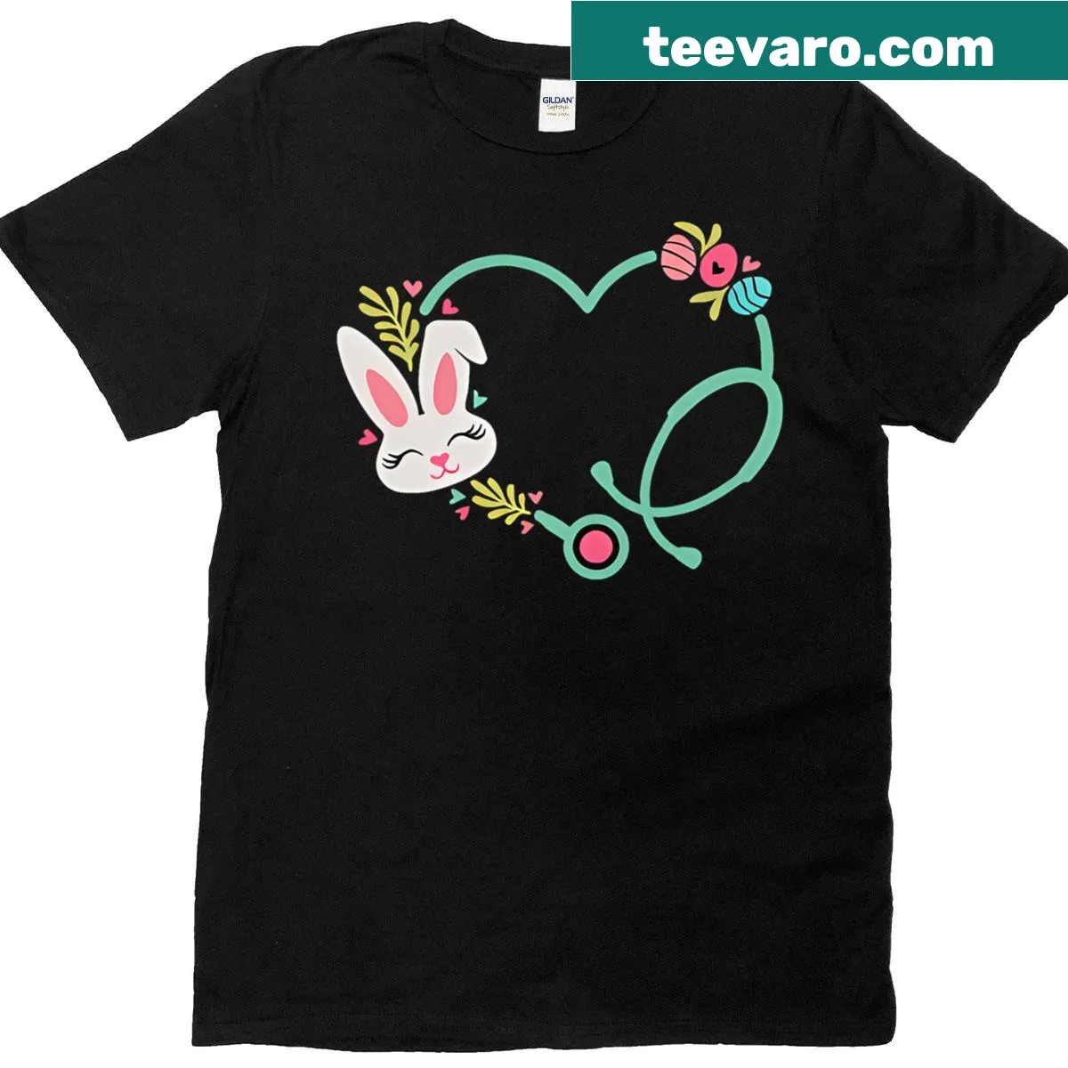 Cartoon Easter Bunny with stethoscope graphic on nurse tee — on a men's t-shirt