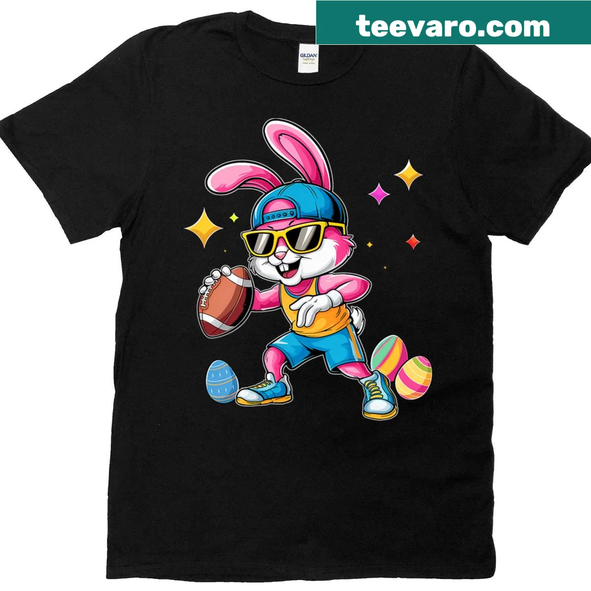 Happy Easter Bunny playing football, designed for kids' holiday wear. — on a men's t-shirt