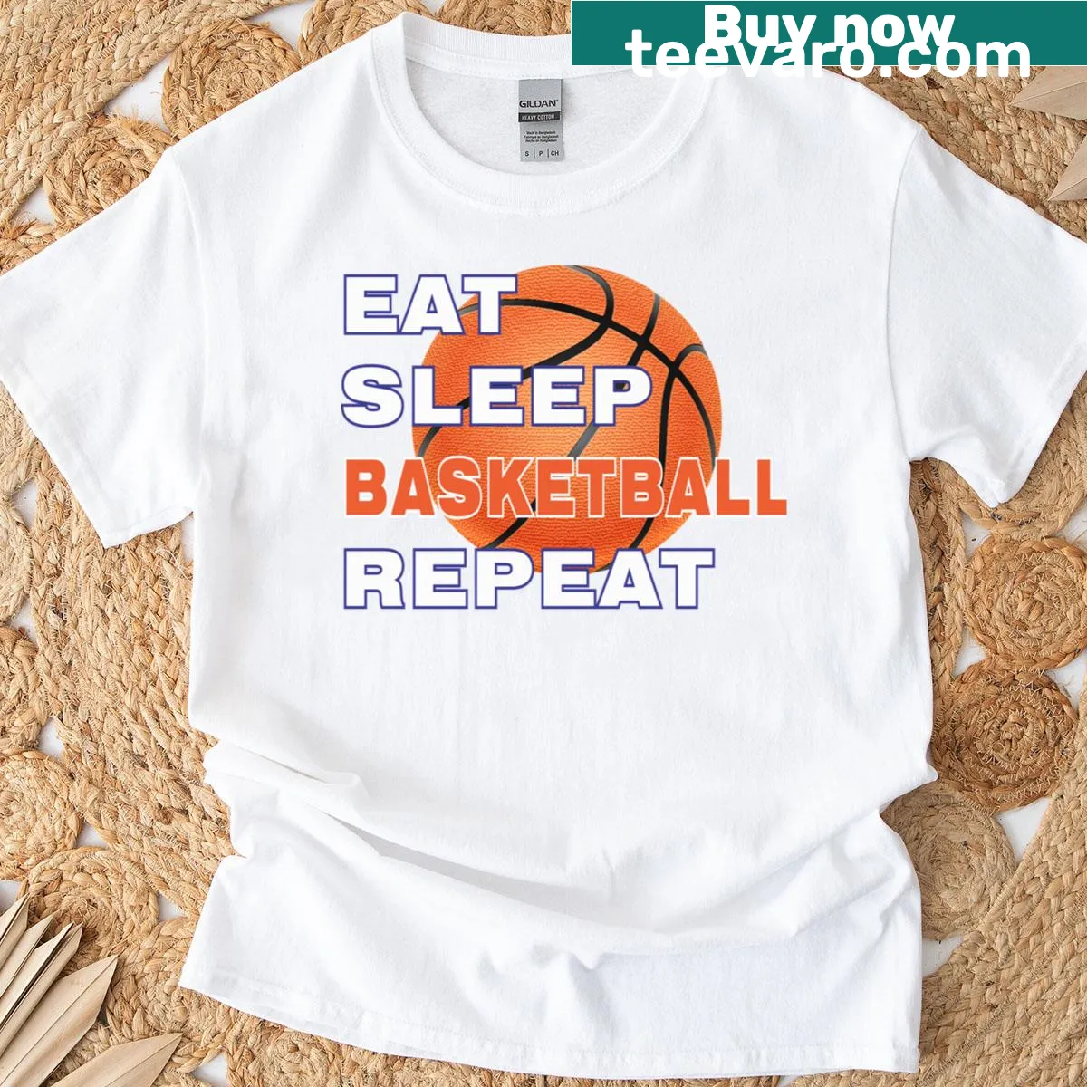 Minimalist basketball shirt with Eat Sleep Basketball Repeat text — on a men's t-shirt