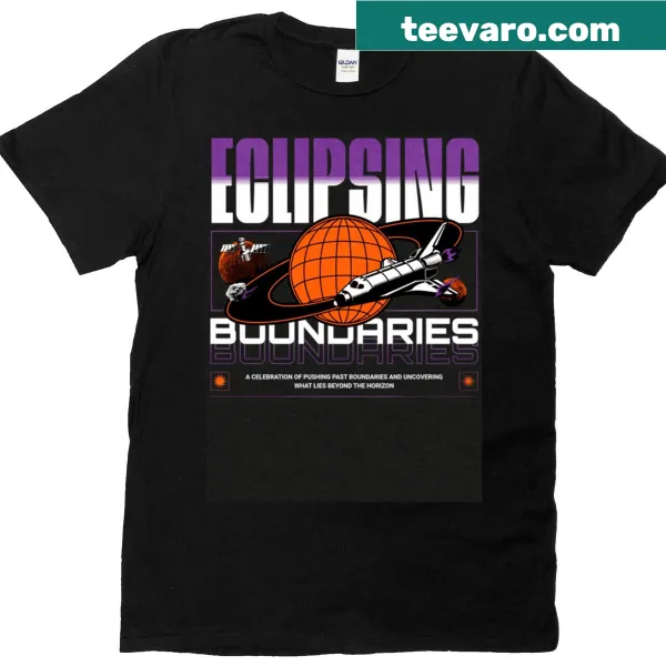 Typographic design saying 'Eclipsing Boundaries' on a T-shirt.