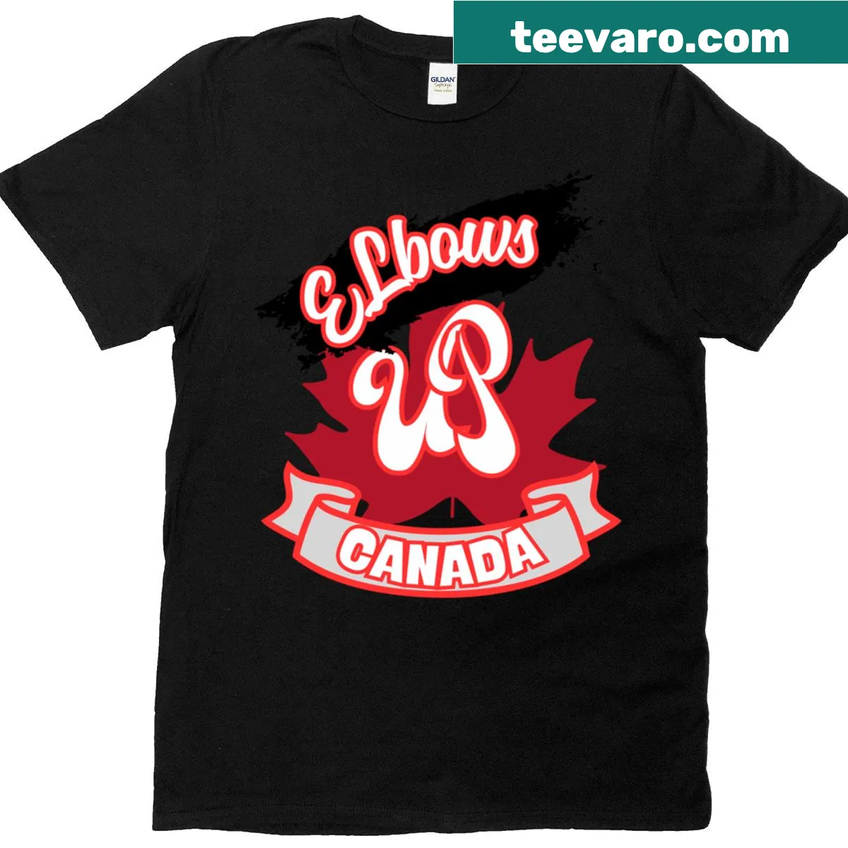 Humorous hockey shirt with Elbows Up Canada phrase — on a men's t-shirt