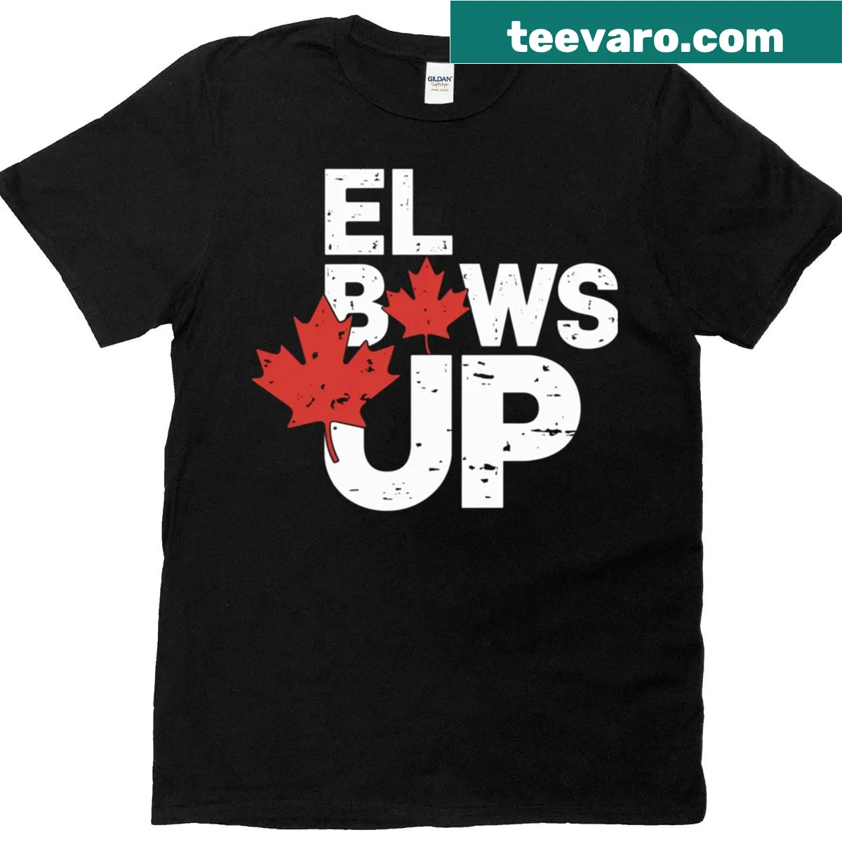 Ice hockey t-shirt with maple leaf and Elbows Up slogan — on a men's t-shirt