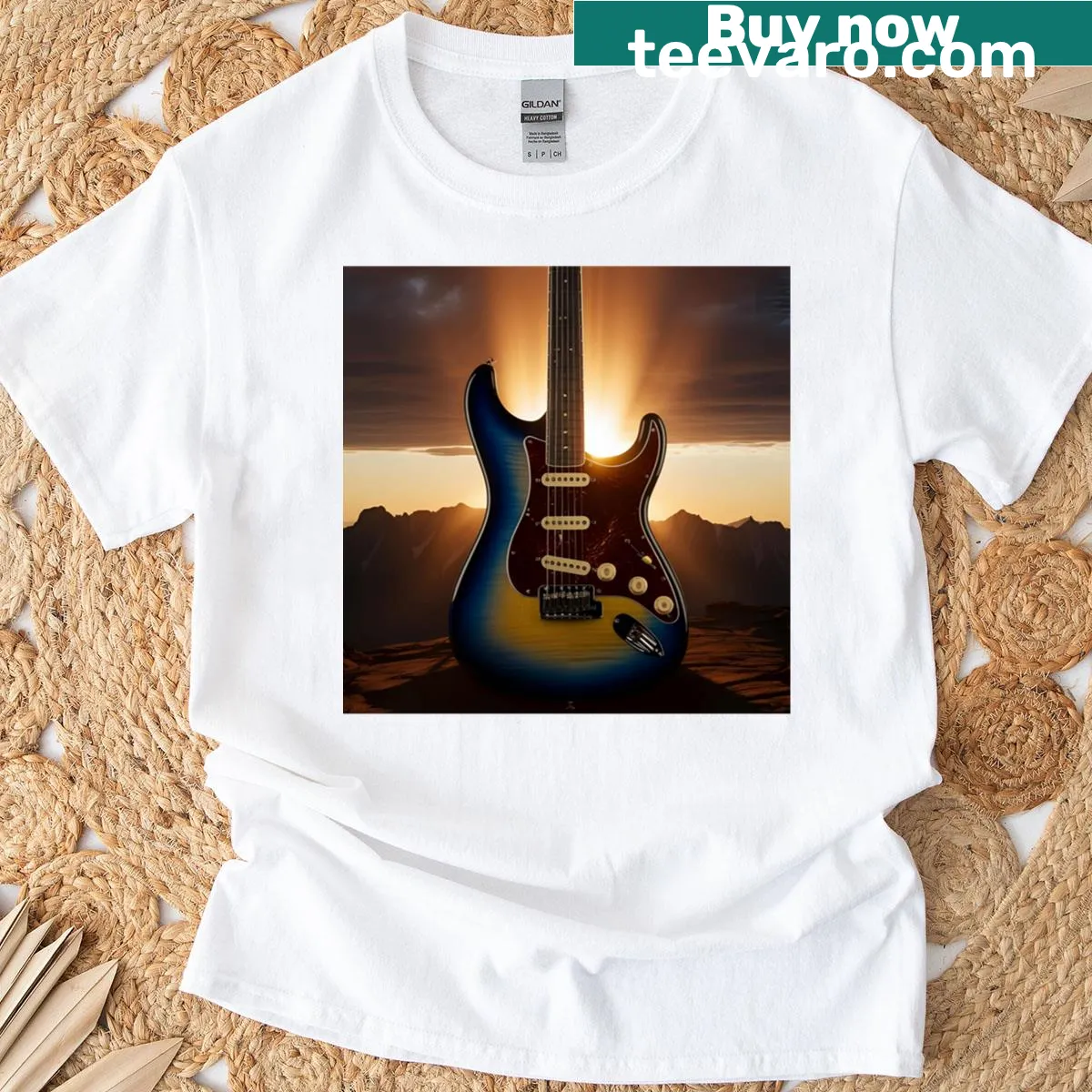 Illustration of an electric guitar against a sunset backdrop on a T-shirt. — on a men's t-shirt