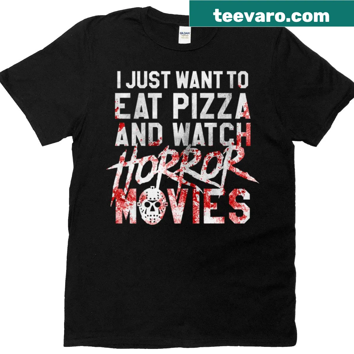 Vintage-style Halloween pizza graphic t-shirt for horror movie fans — on a men's t-shirt