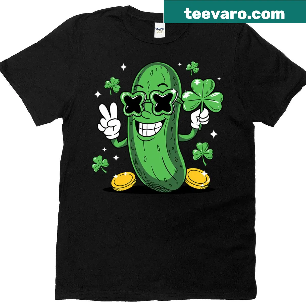 Cartoon design of a pickle with shamrocks for St. Patrick's Day on a T-shirt. — on a men's t-shirt