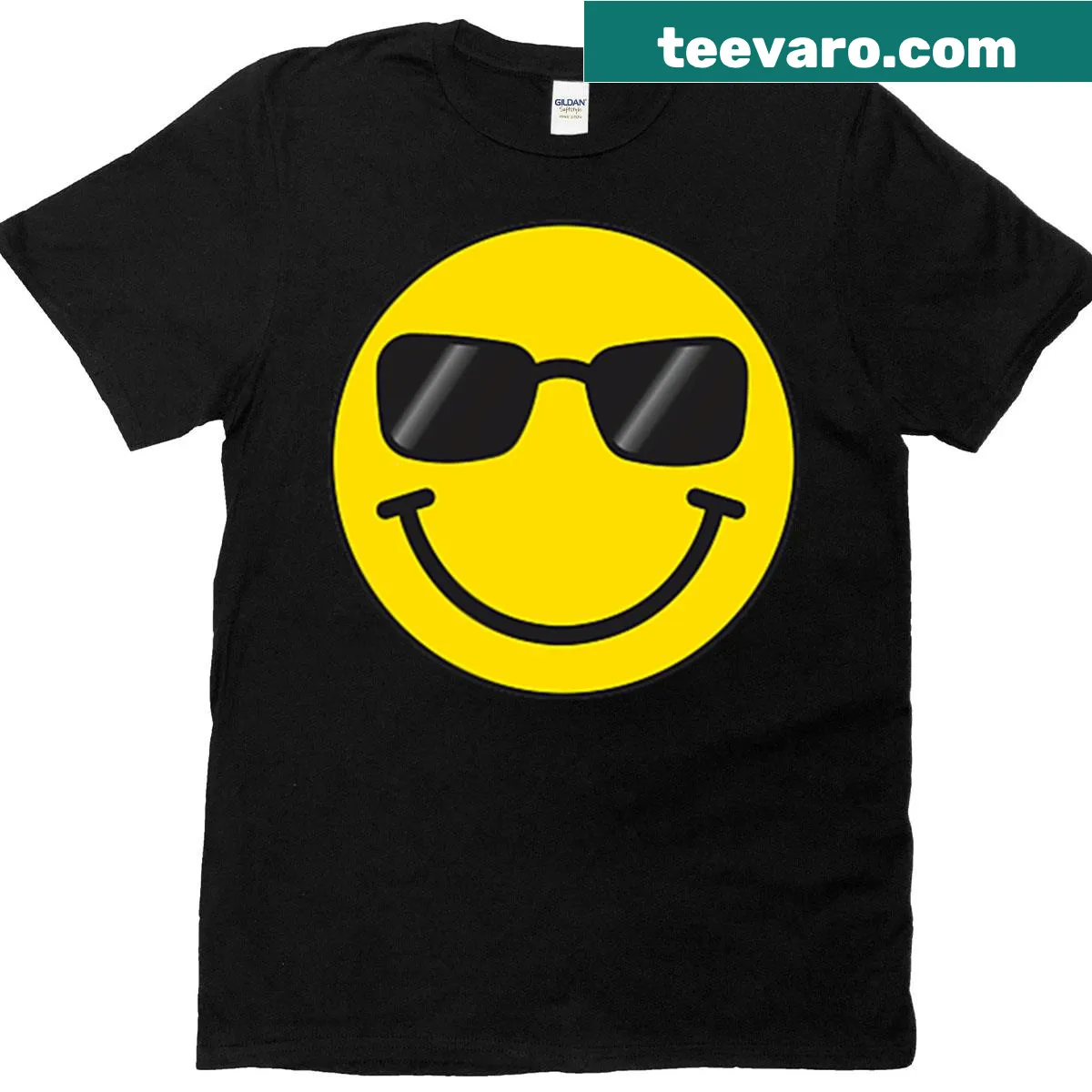 Cartoon emoticon graphic tee with a happy face — on a men's t-shirt
