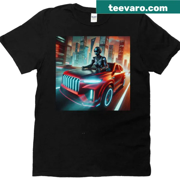 Futuristic female superhero driving a high-tech car on T-shirt.