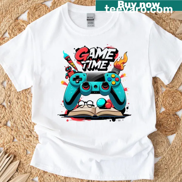 Graphic T-shirt featuring a gaming controller and 'Game Time' text.
