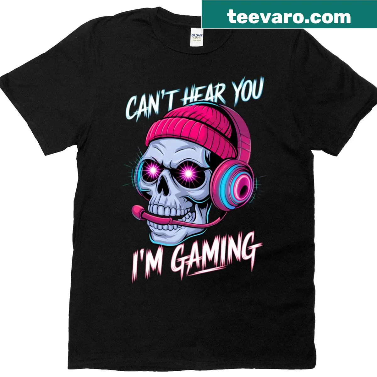 T-shirt with a skull graphic saying 'Can't Hear You I'm Gaming.' — on a men's t-shirt