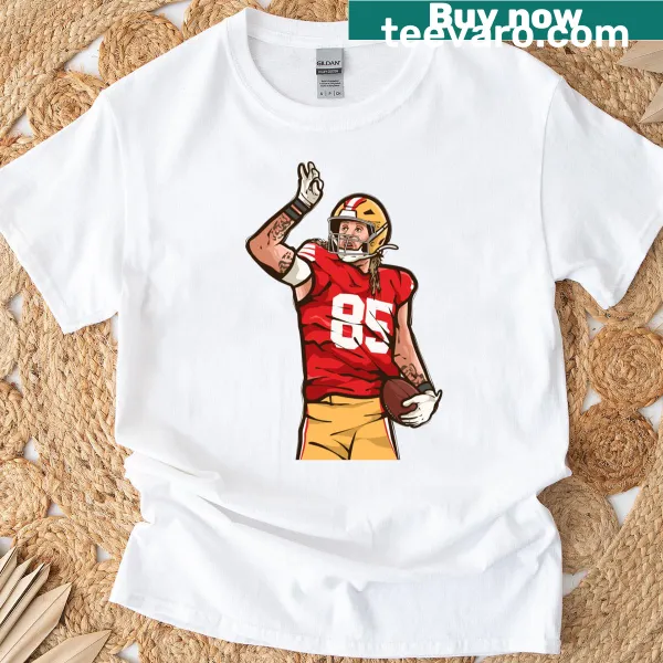Cartoon T-shirt featuring George Kittle celebrating a first down