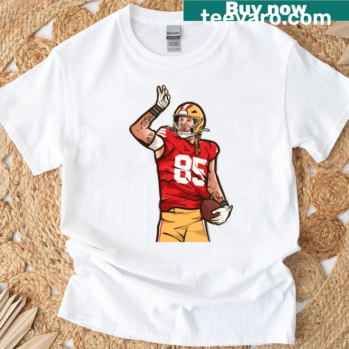Cartoon T-shirt featuring George Kittle celebrating a first down — on a men's t-shirt
