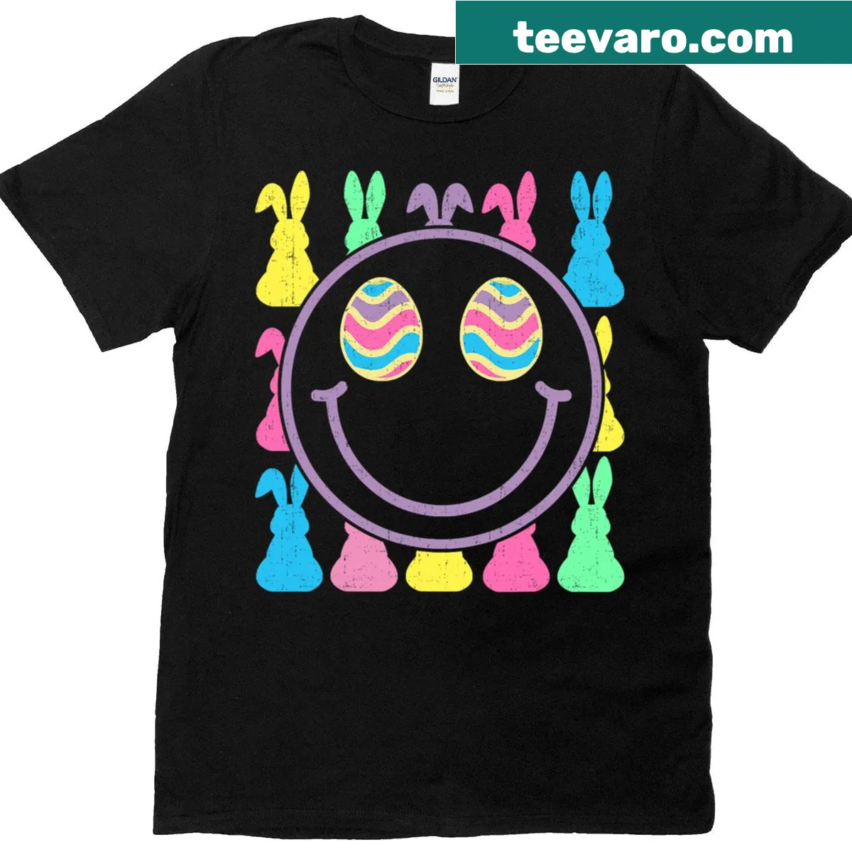 Cartoon bunny graphic T-shirt for Easter celebrations — on a men's t-shirt