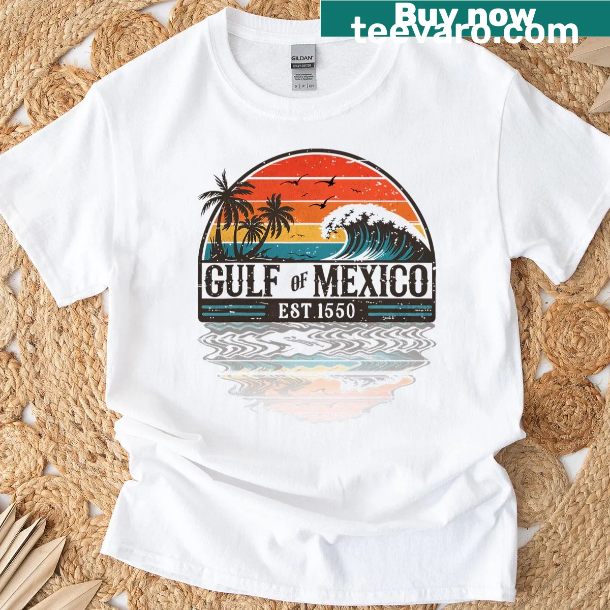 Vintage beach-themed T-shirt celebrating the Gulf of Mexico — on a men's t-shirt
