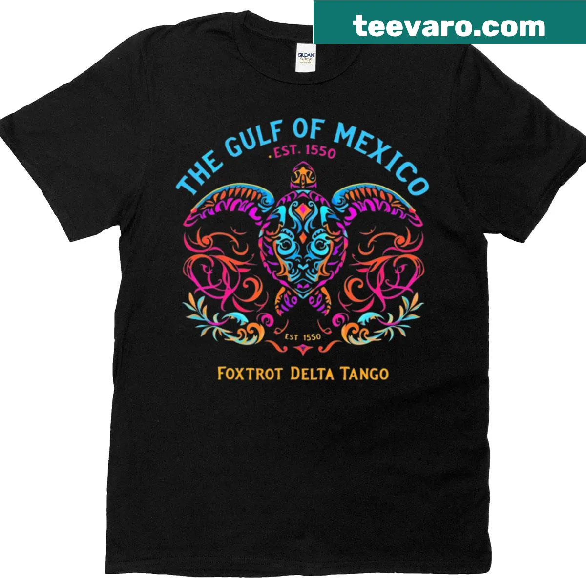 Cartoon turtle t-shirt with playful Gulf of Mexico design — on a men's t-shirt