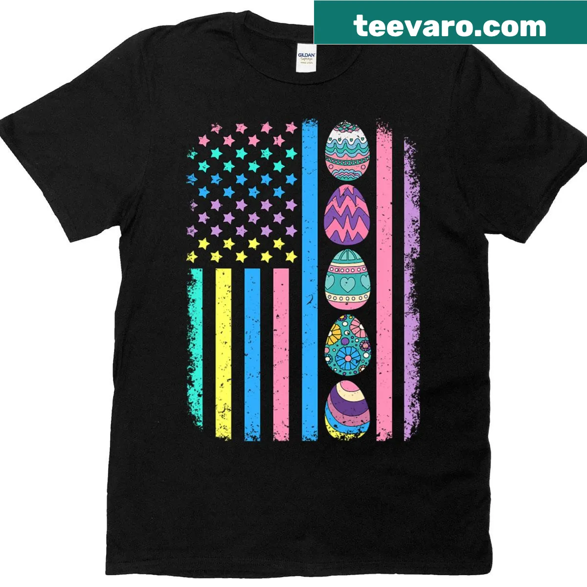 Easter T-shirt with egg hunting and American flag design — on a men's t-shirt