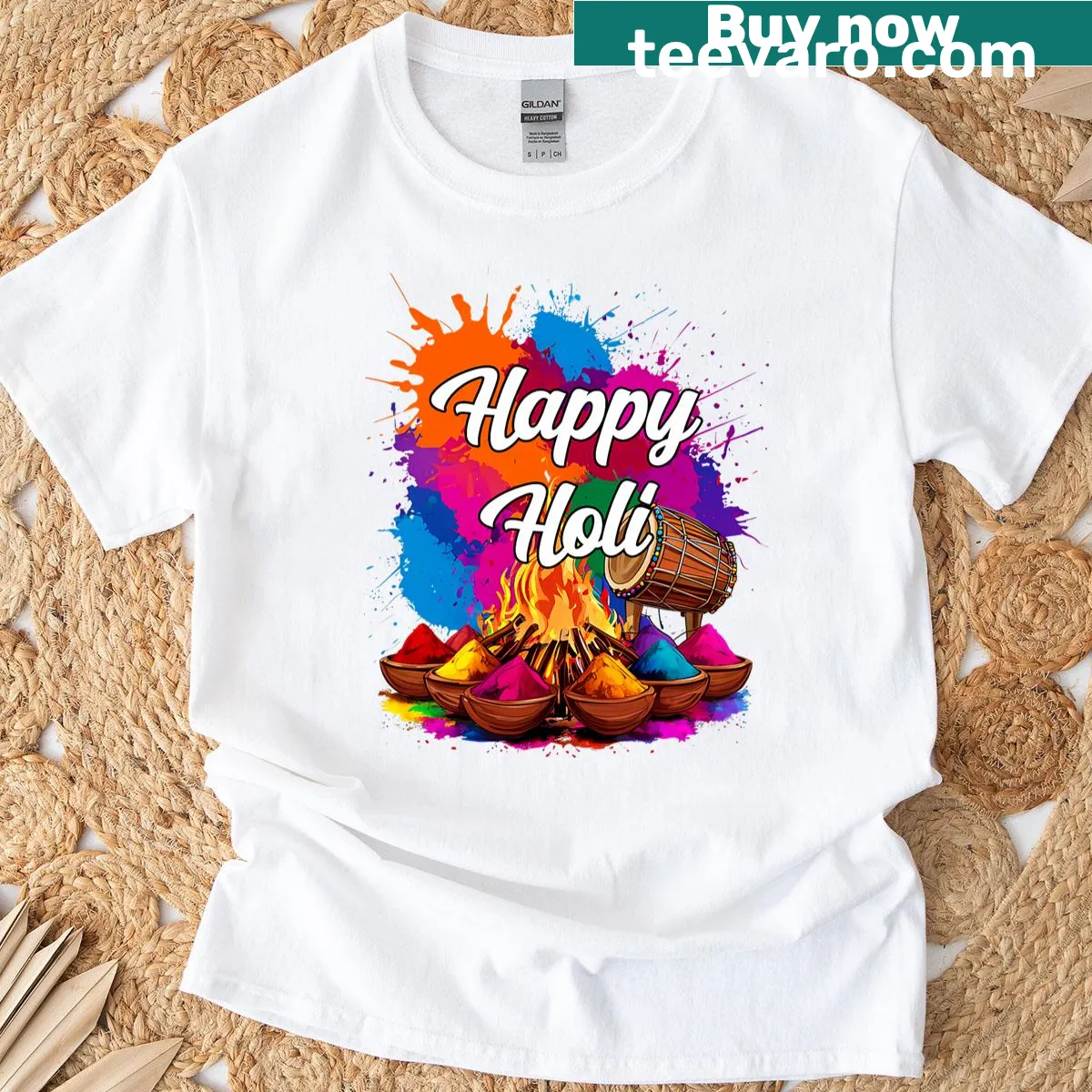 Colorful Holi festival T-shirt featuring playful family-themed design. — on a men's t-shirt