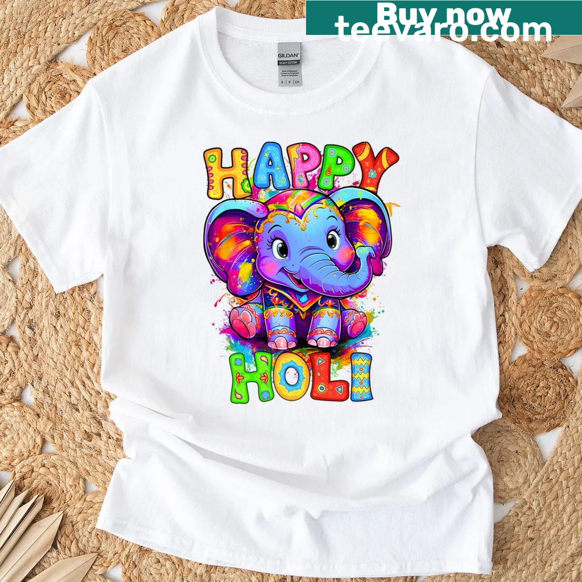 Spring festival Holi T-shirt for men and kids with a playful graphic — on a men's t-shirt