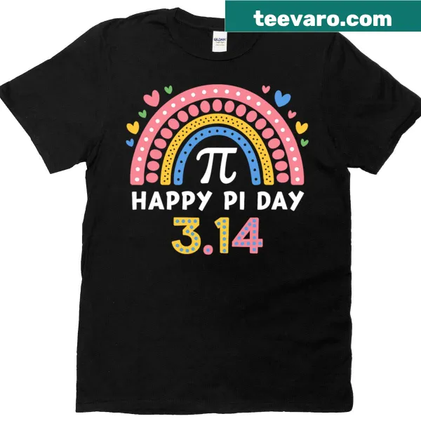 Rainbow Pi number graphic on a girl's T-shirt for Pi Day