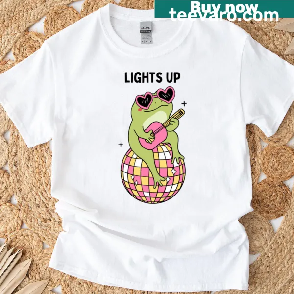 Frog on disco ball playing guitar whimsical graphic t-shirt