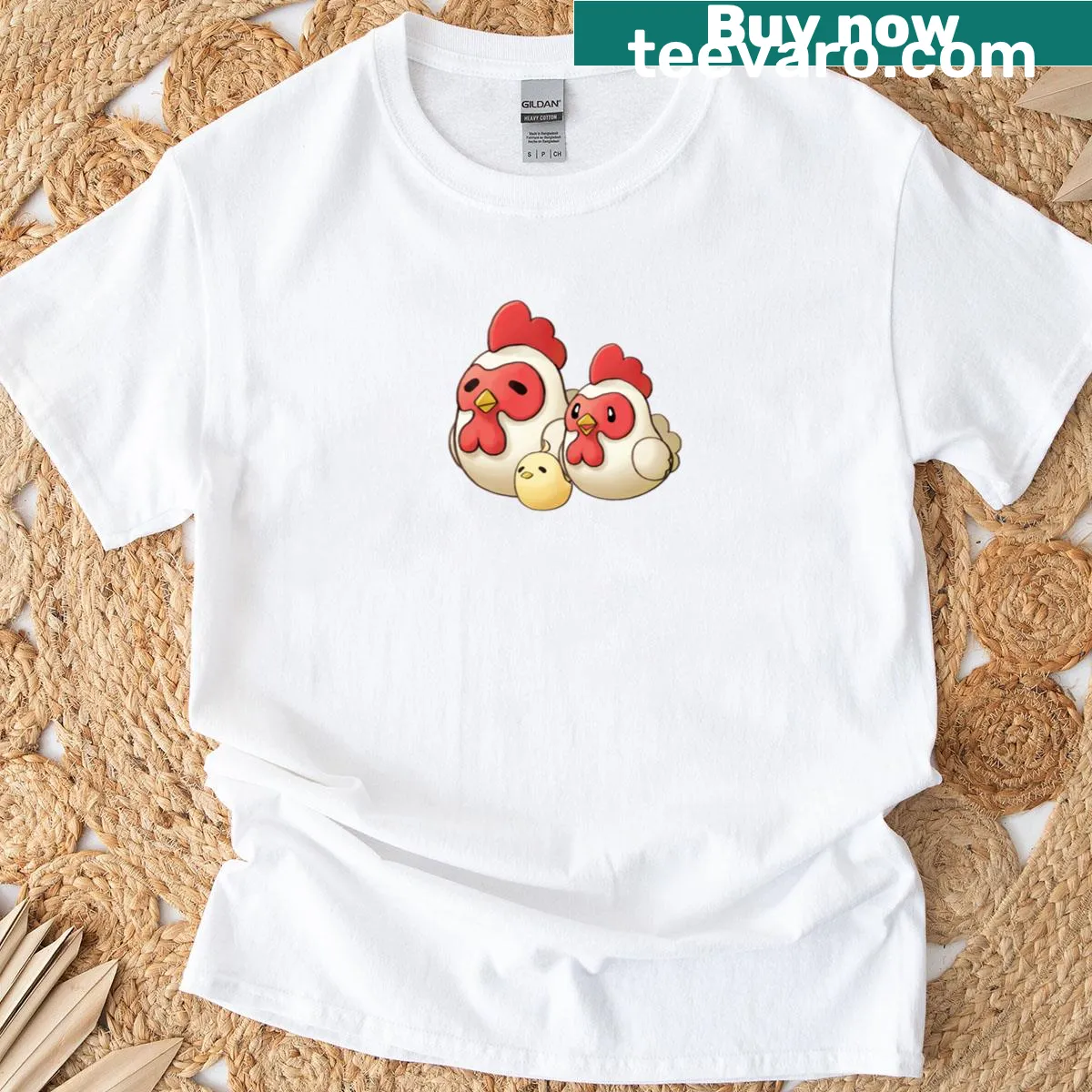Whimsical chick and chicken graphic t-shirt under a harvest moon — on a men's t-shirt