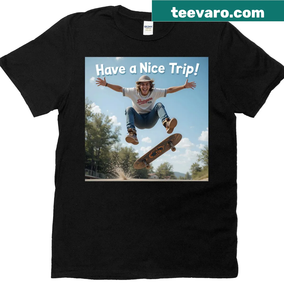 Cartoon skateboarder mid-air about to crash but smiling — on a men's t-shirt