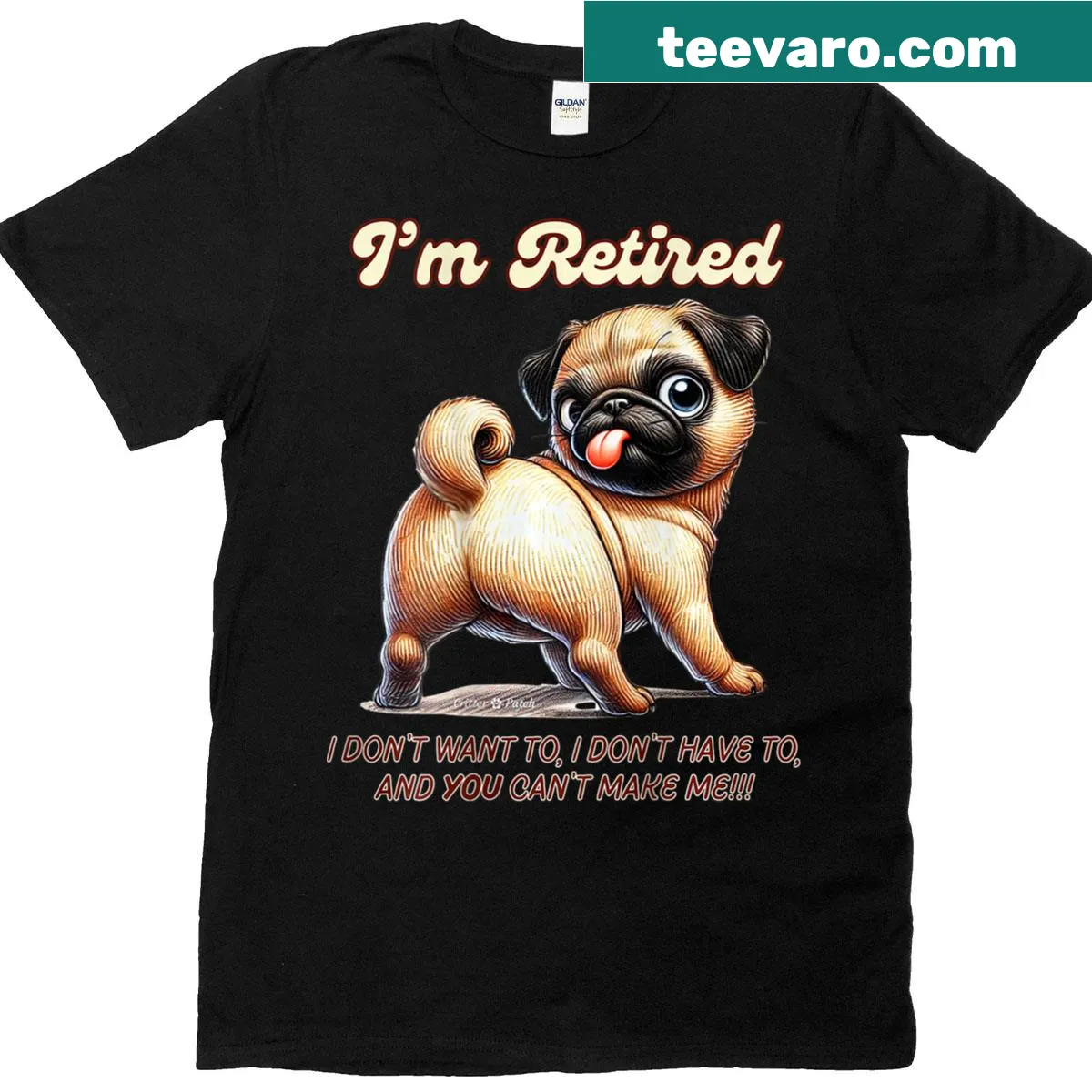 Funny T-shirt with text about a retired pug enjoying life. — on a men's t-shirt