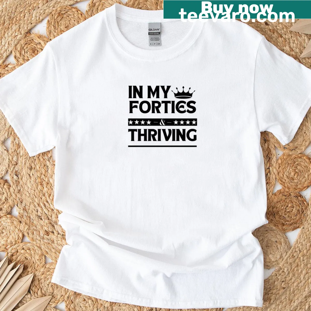 Funny typography design stating 'In My Forties Thriving' on a t-shirt — on a men's t-shirt