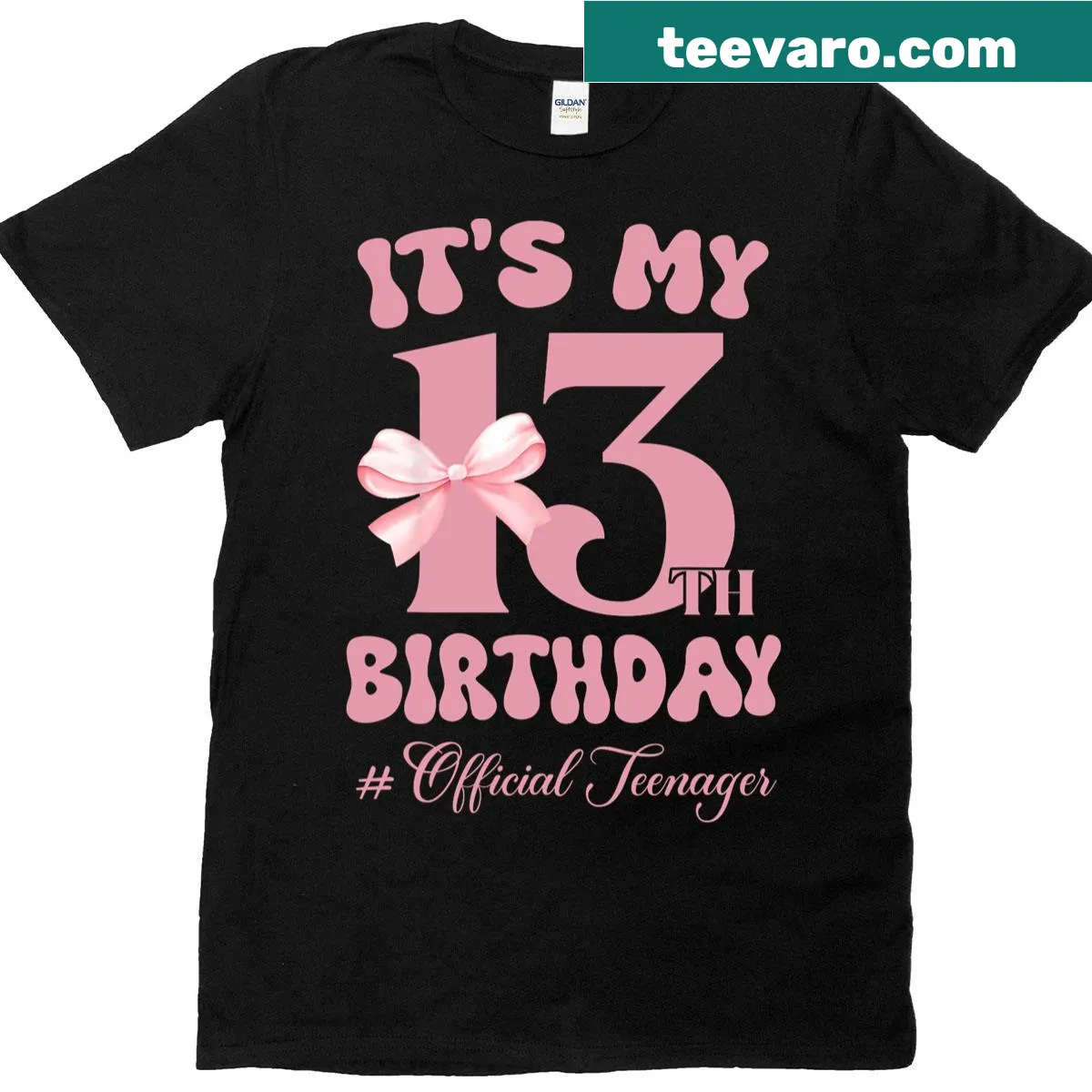 Illustrative design celebrating a girl's 13th birthday with a bow on a t-shirt — on a men's t-shirt