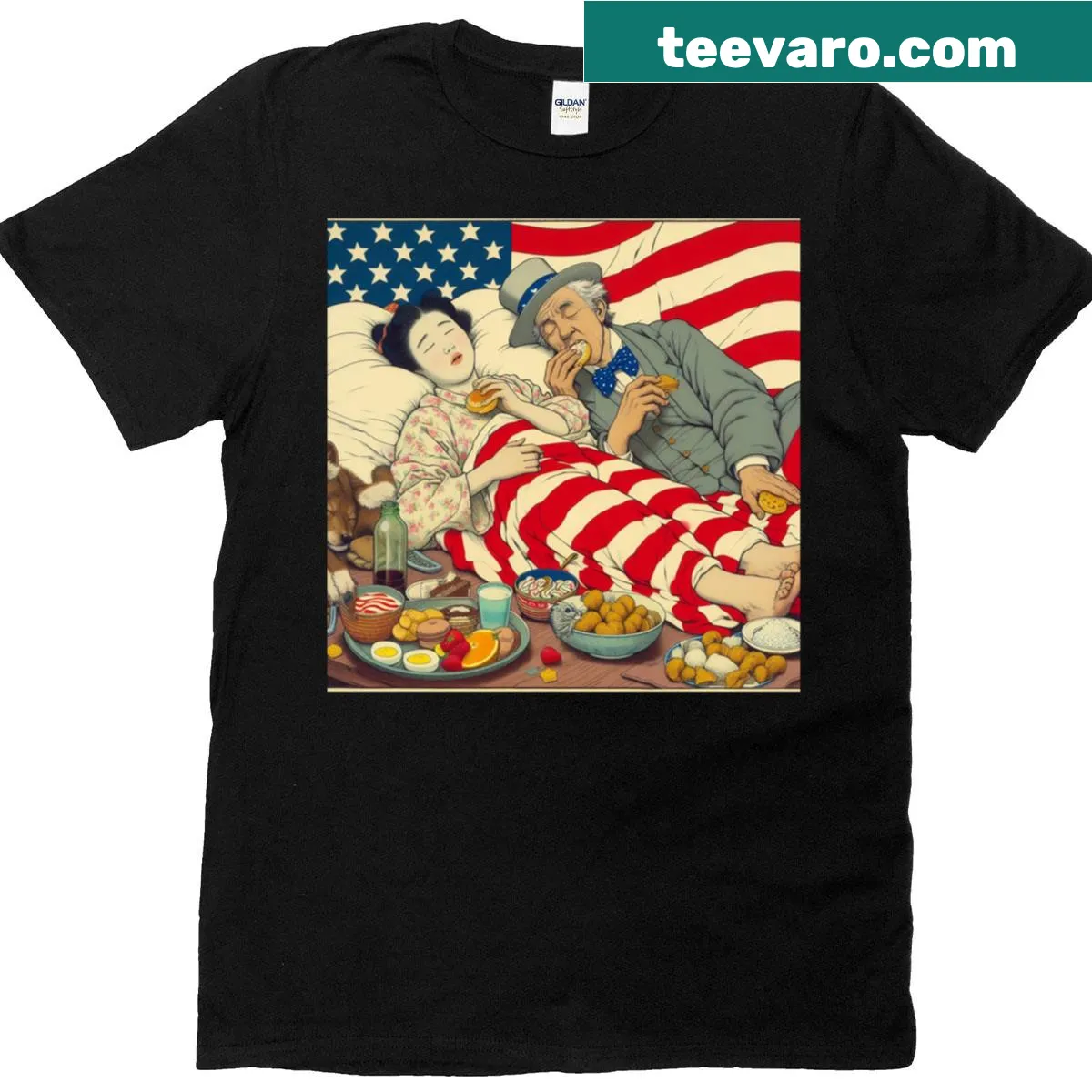 Illustrative design of a Japanese and American couple on a t-shirt — on a men's t-shirt