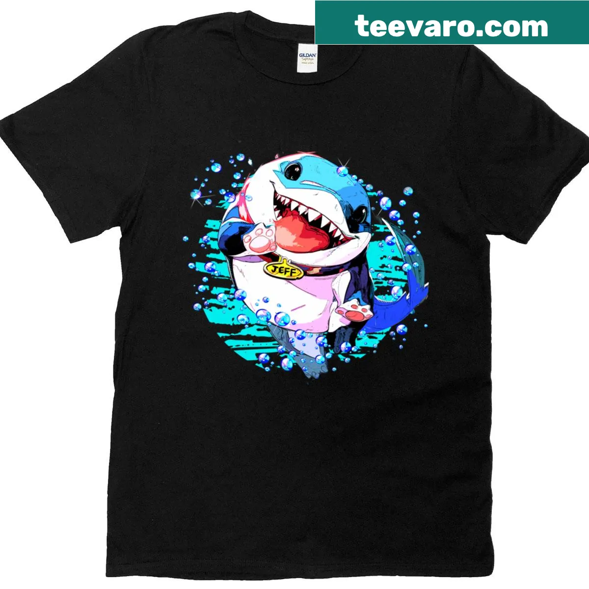 T-shirt featuring Jeff the Land Shark in a humorous design. — on a men's t-shirt