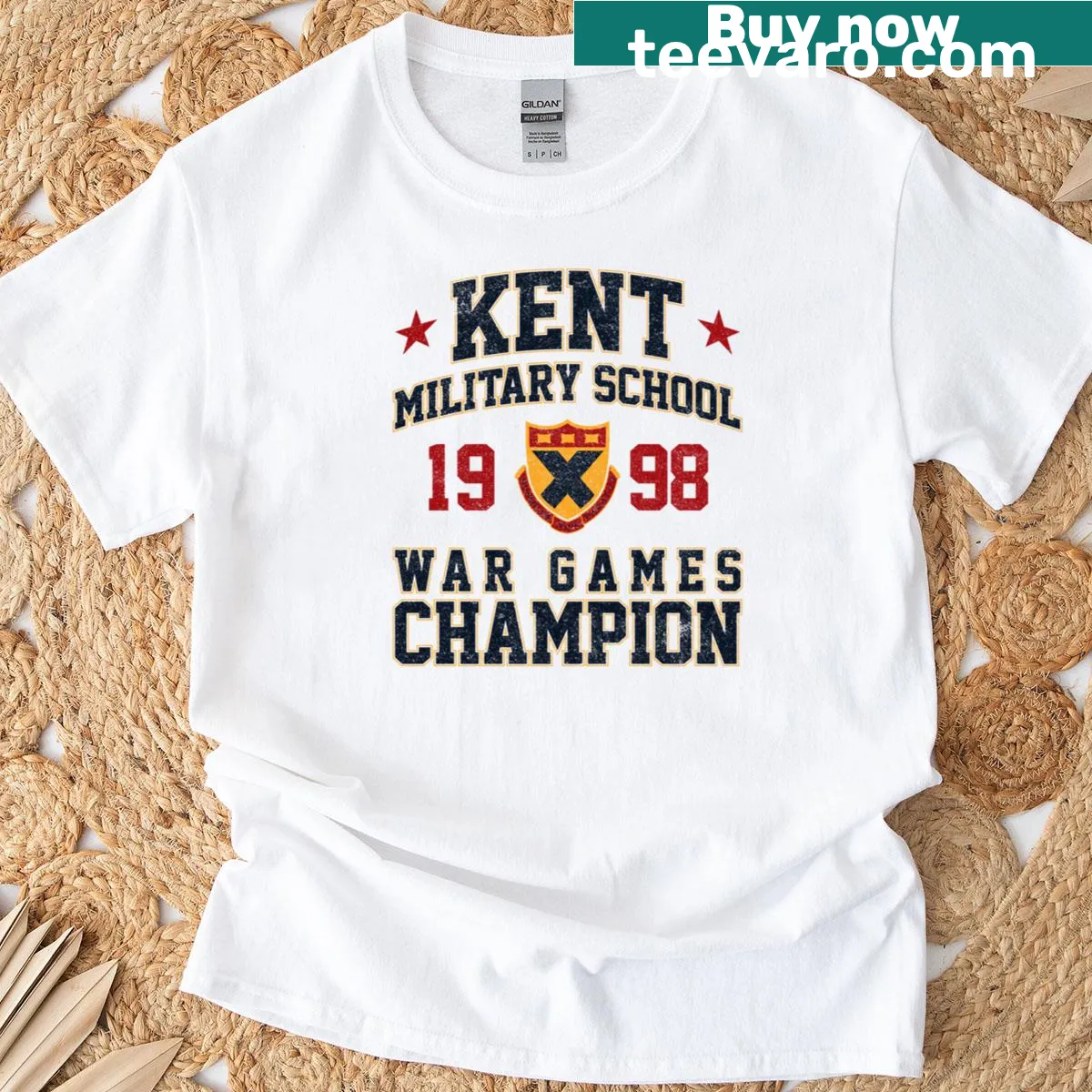Variant emblem t-shirt for Kent Military School War Games Champions — on a men's t-shirt