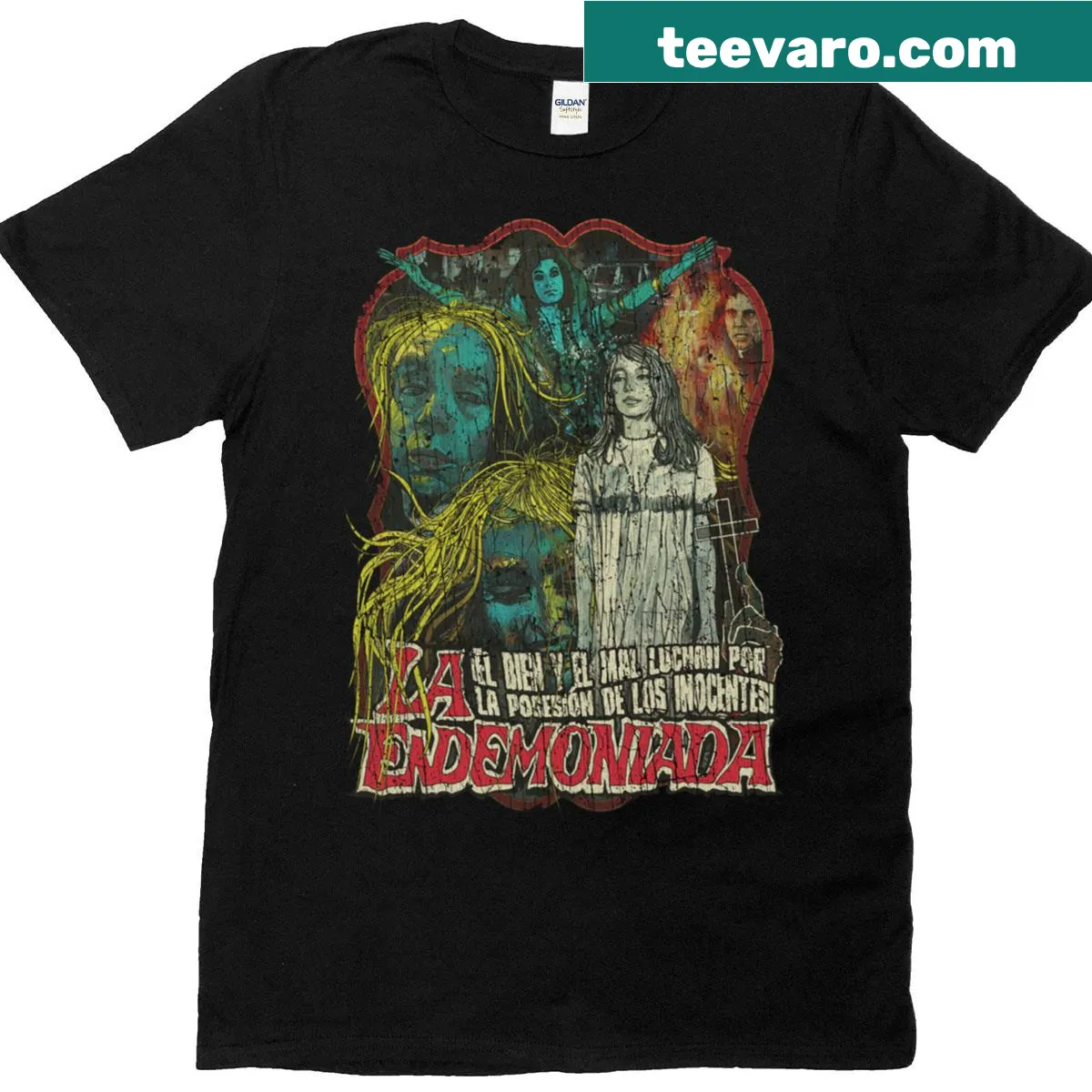 Illustrated horror-themed t-shirt inspired by La Endemoniada 1975 — on a men's t-shirt