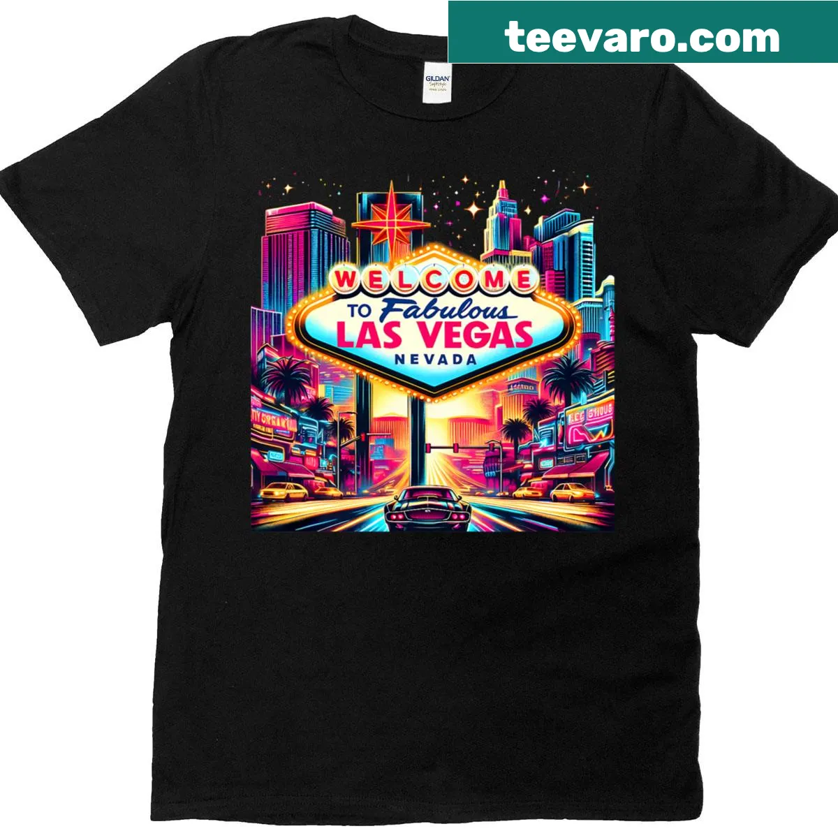 Illustrated Las Vegas souvenir t-shirt featuring a skyline design. — on a men's t-shirt