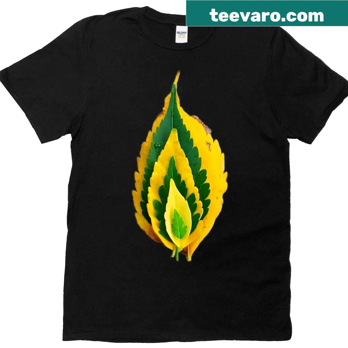 Illustrated T-shirt featuring layered leaves design — on a men's t-shirt