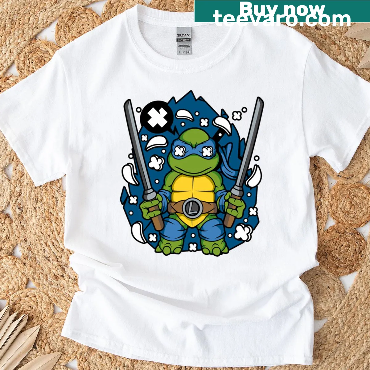 Chibi-style ninja superhero Leonardo T-shirt for kids — on a men's t-shirt