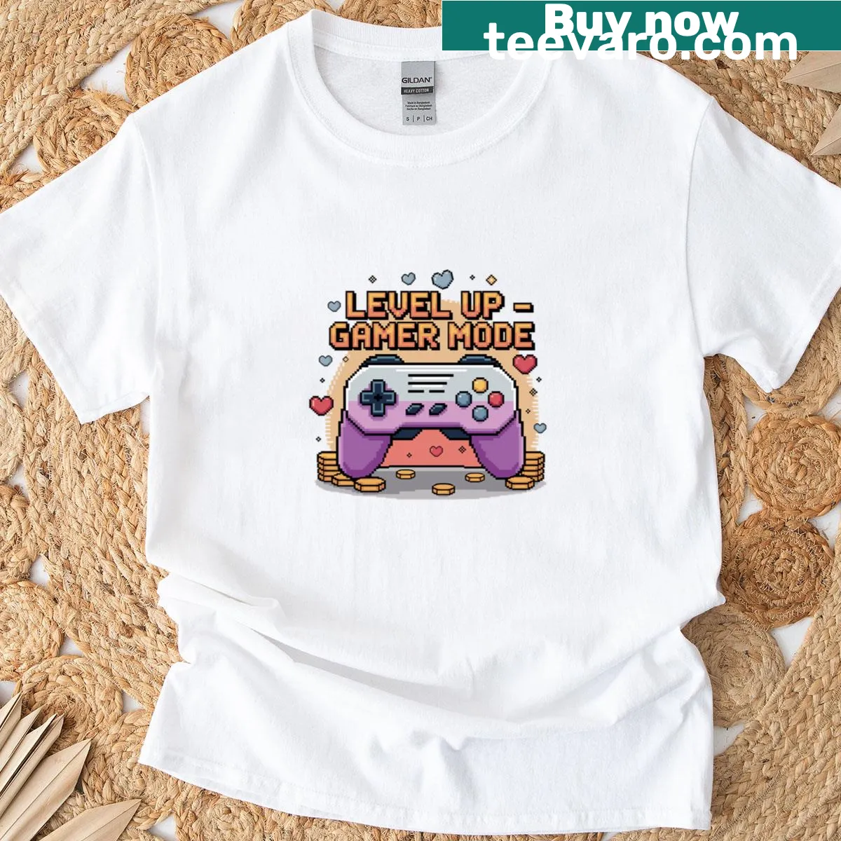 Gamer T-shirt with playful level up typography — on a men's t-shirt
