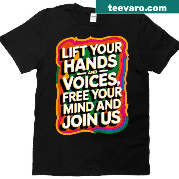 Retro T-shirt with 'Lift Your Hands And Voices' dance music design