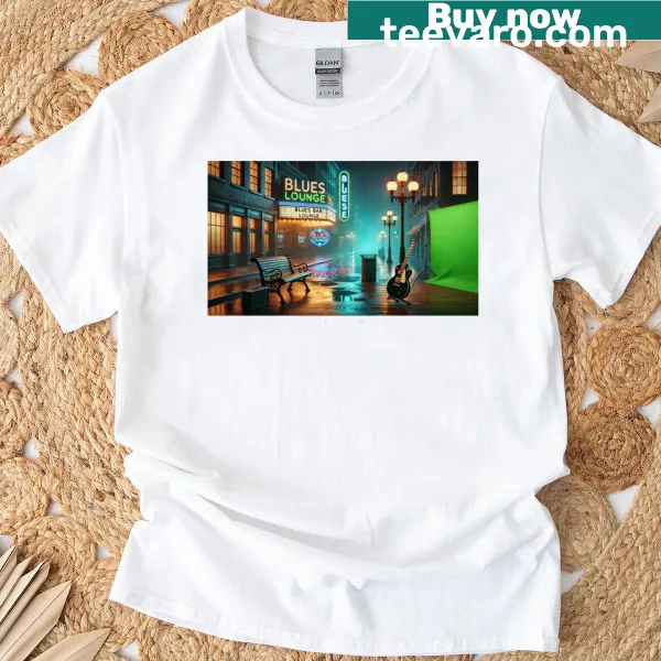 Live Blues Lounge T-shirt with blues music bar illustration.