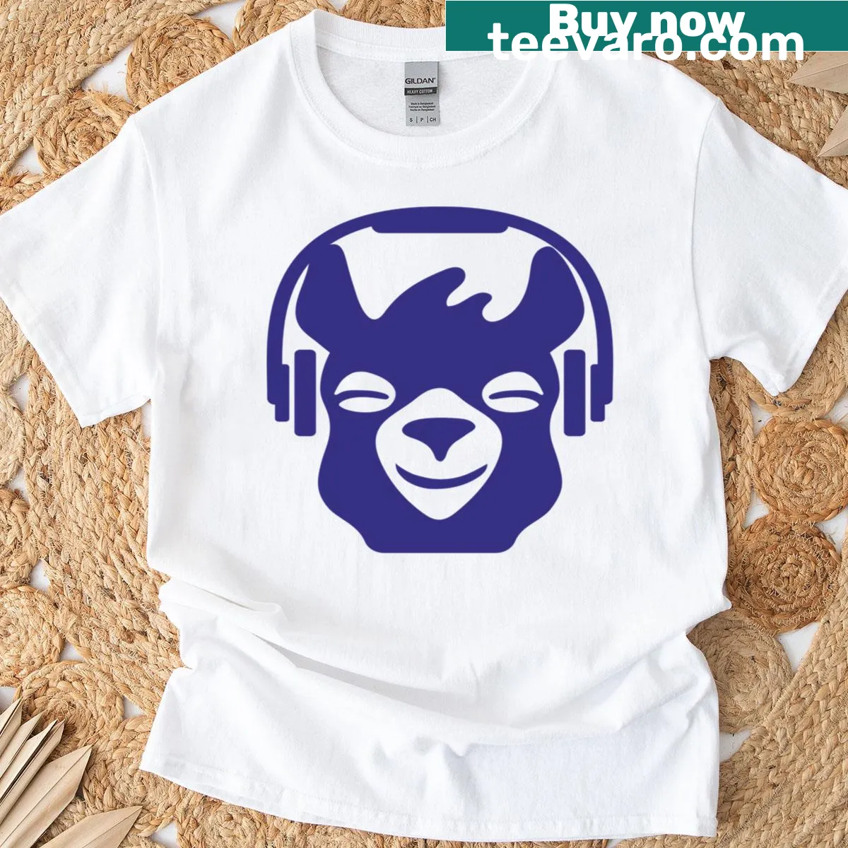 Cartoon llama wearing headphones, enjoying music on a t-shirt. — on a men's t-shirt