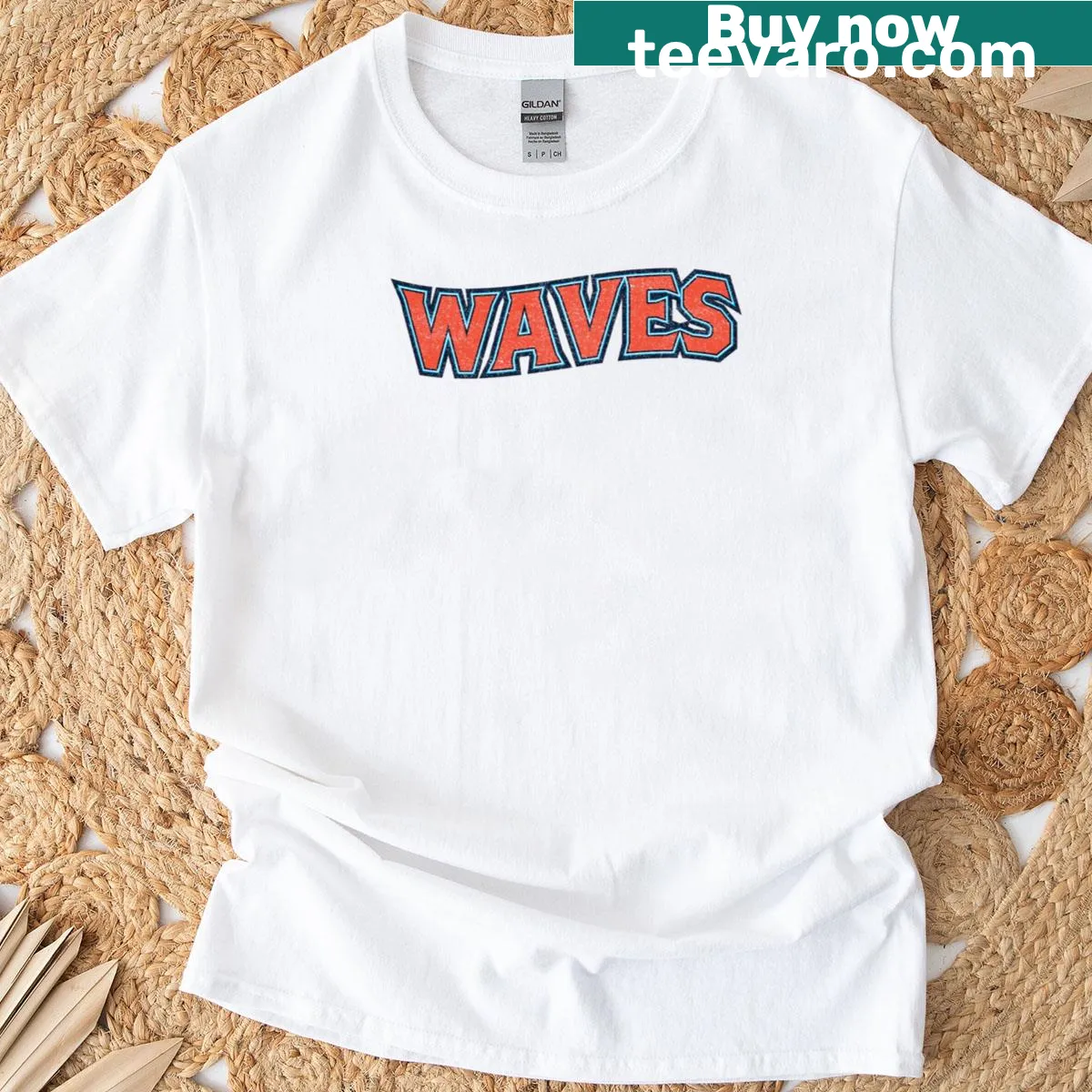 Illustrated waves design on a Los Angeles themed T-shirt. — on a men's t-shirt