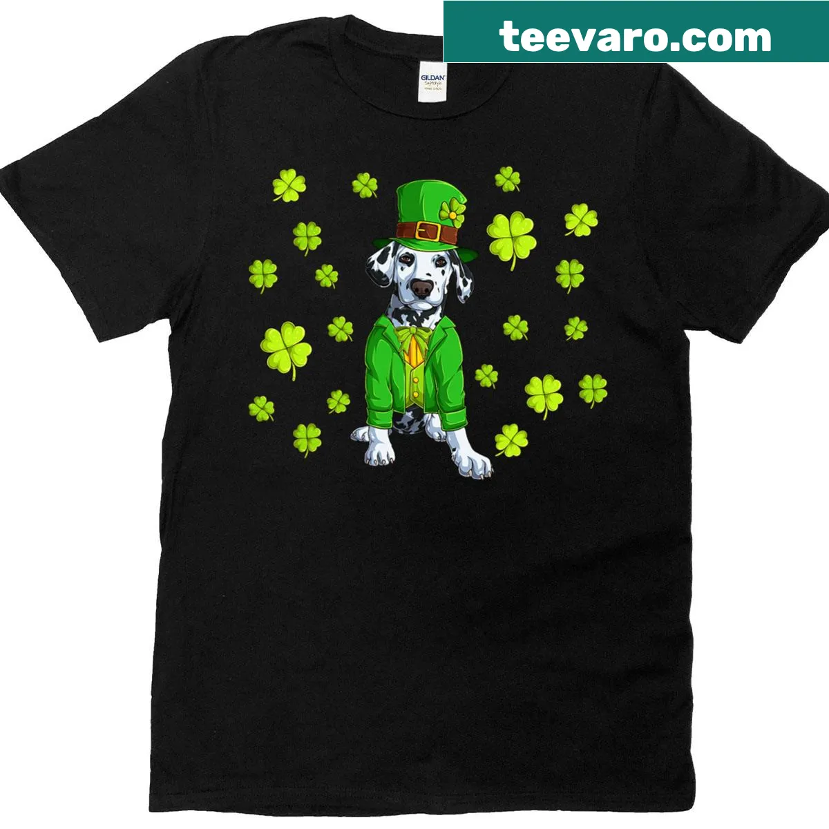 Playful T-shirt with lucky Dalmatian and shamrock design — on a men's t-shirt