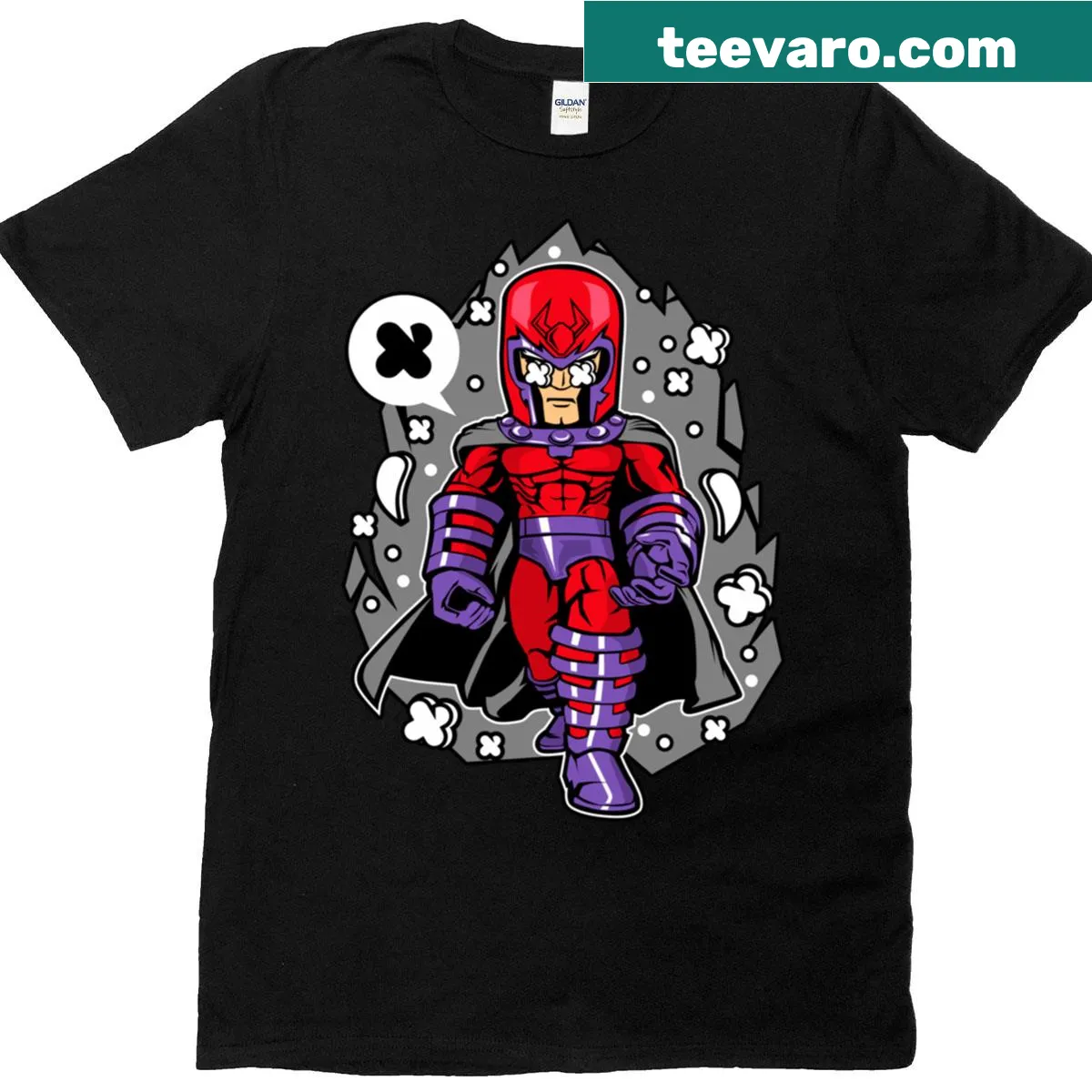 Chibi Magneto superhero graphic T-shirt — on a men's t-shirt
