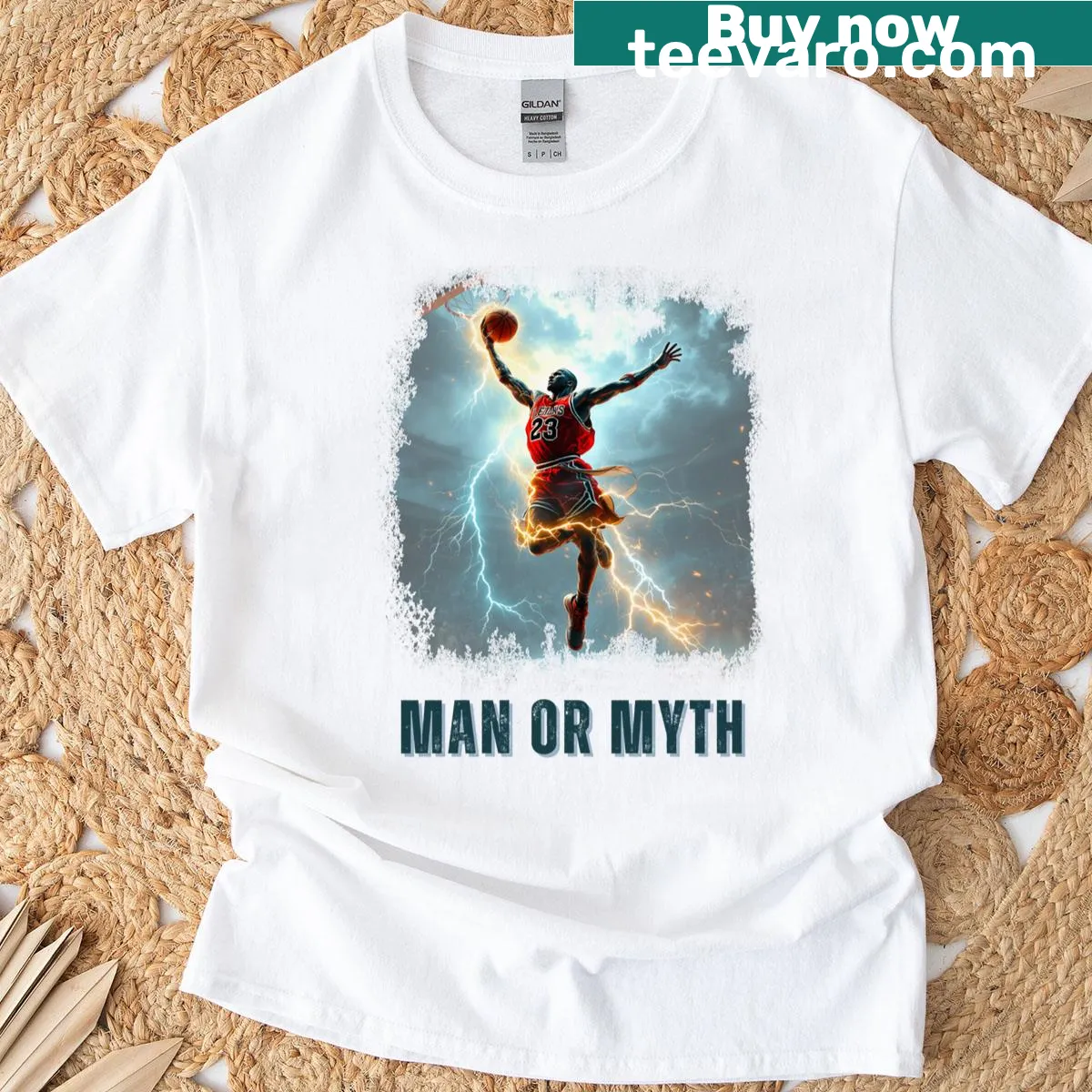 Illustrated basketball dunk graphic on a T-shirt — on a men's t-shirt