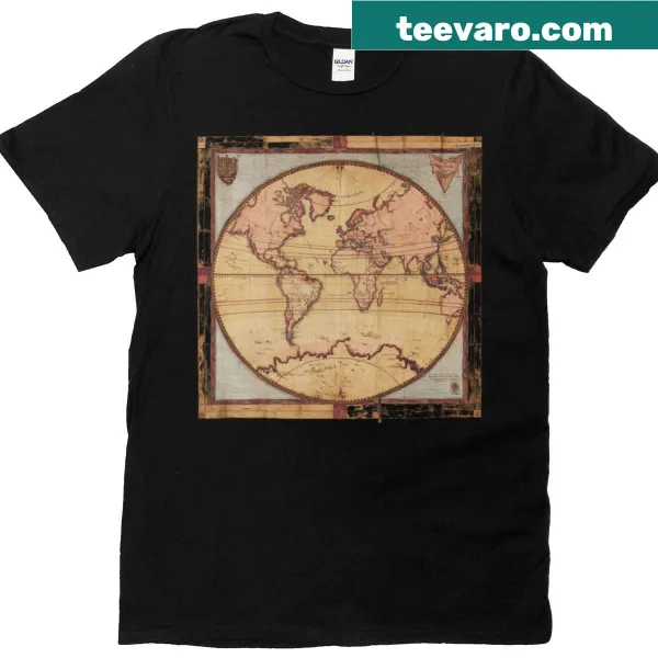 Vintage-style world map graphic on a T-shirt.