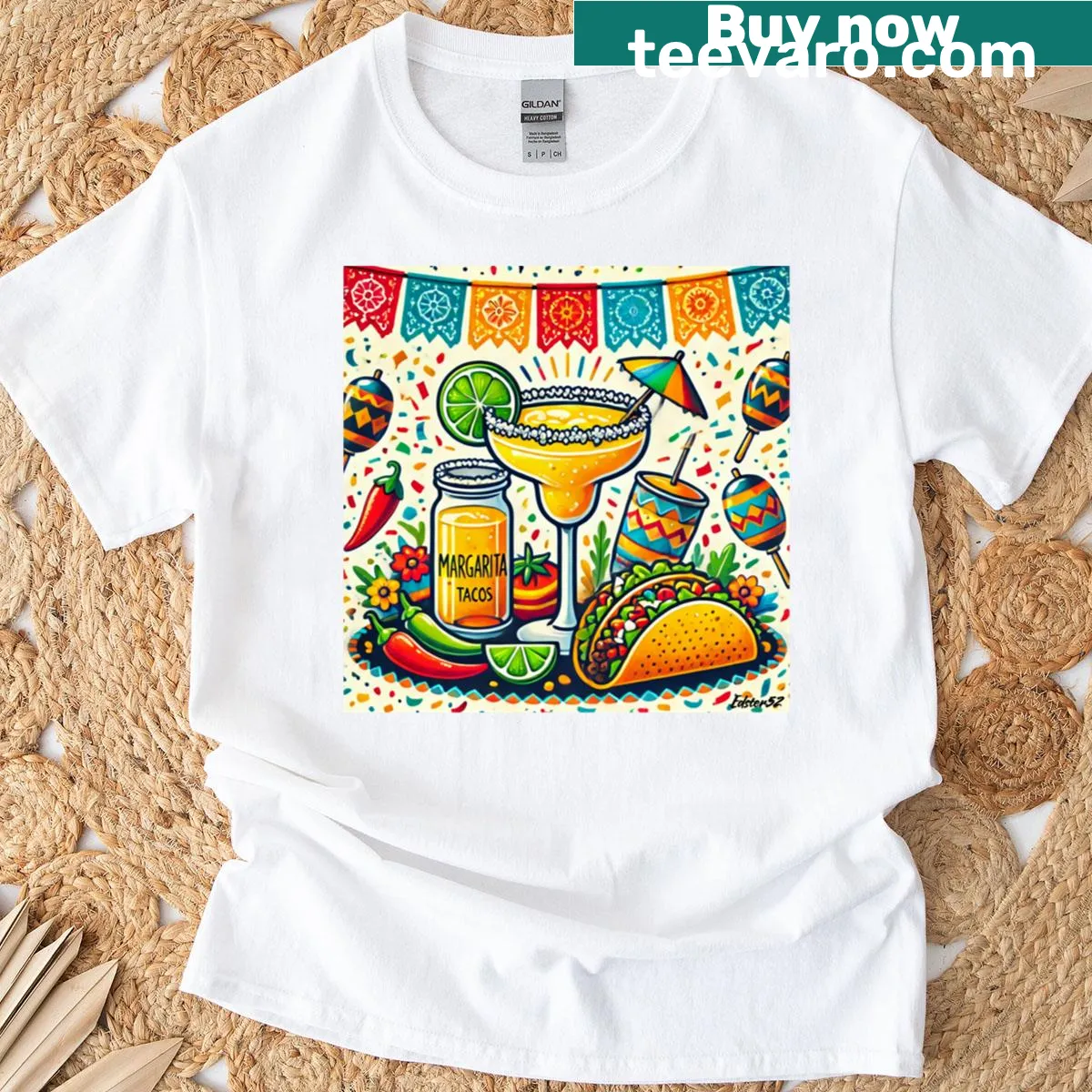 Playful T-shirt featuring margaritas and tacos design — on a men's t-shirt