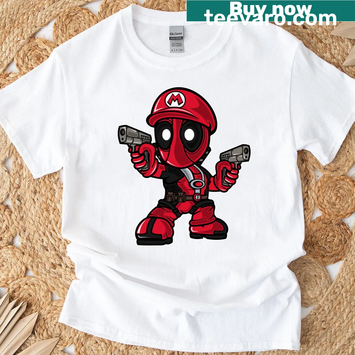 Chibi art style t-shirt featuring a mashup of gaming characters — on a men's t-shirt
