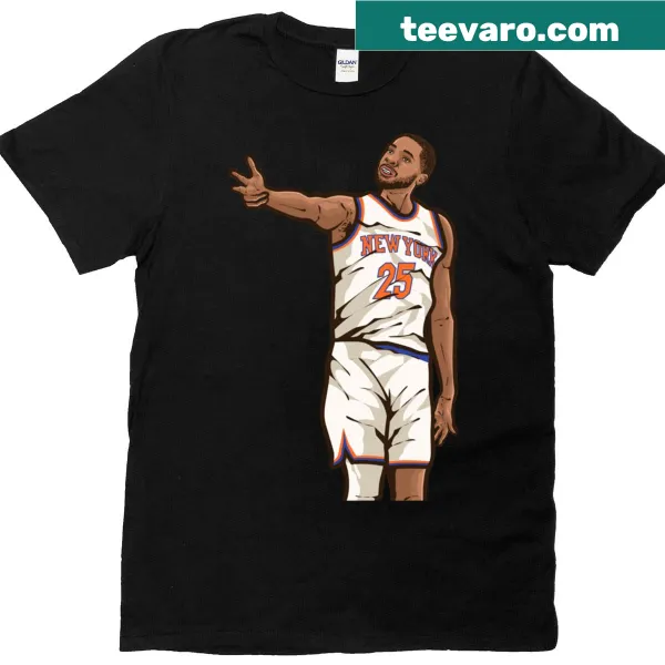 Cartoon t-shirt featuring Mikal Bridges in his three-point celebration