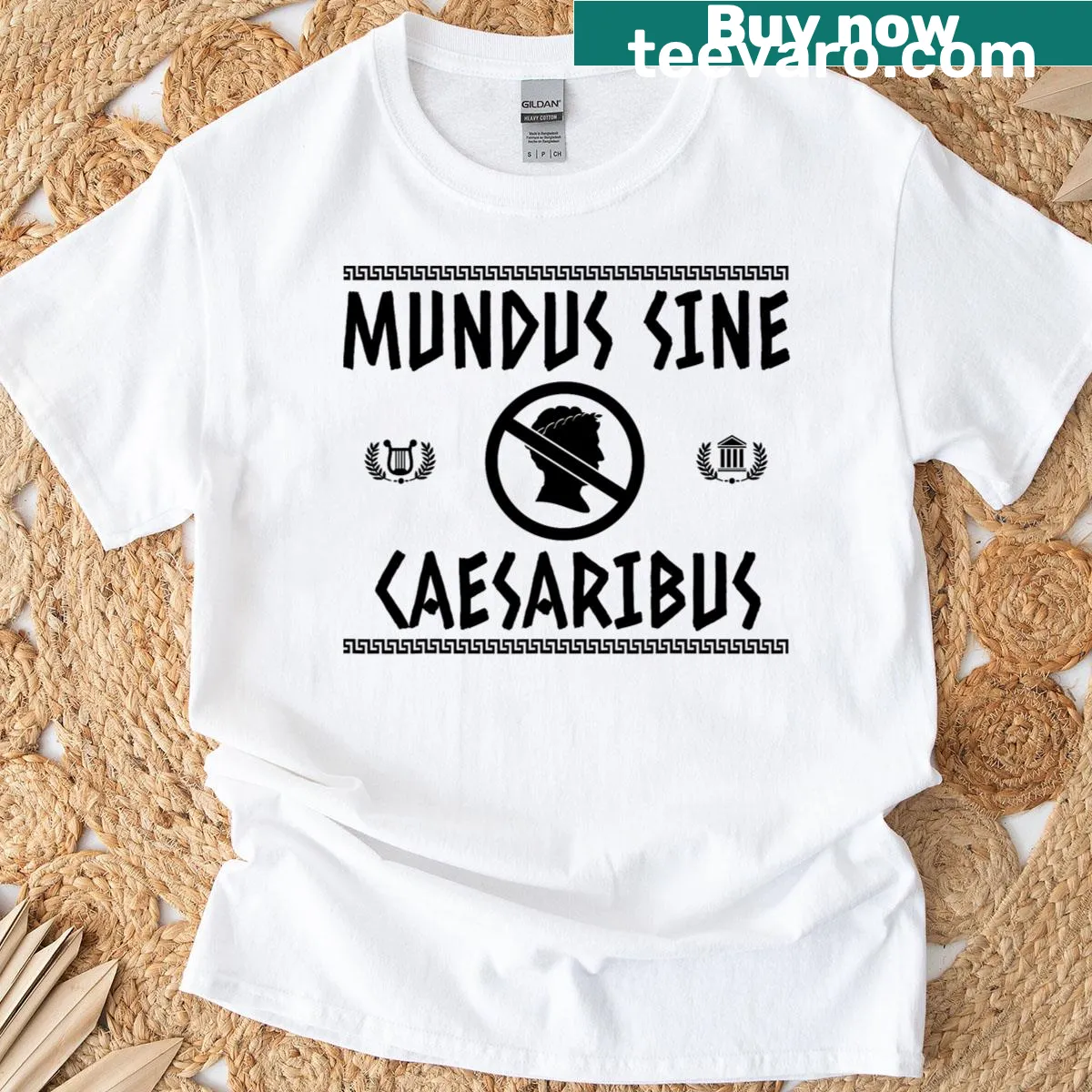 Men's T-shirt with the phrase 'Mundus Sine Caesaribus' in bold typography — on a men's t-shirt